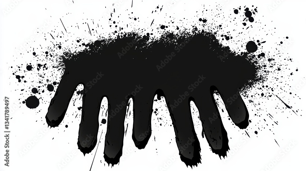 Poster abstract black ink splatter on white background, a dynamic design element for modern visual projects