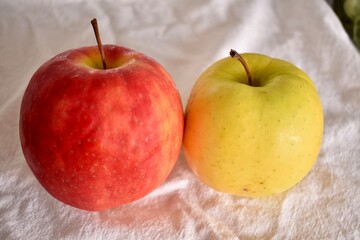 Ripe juicy apples on a white tablecloth