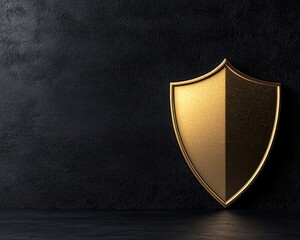 Elegant gold shield against a dark wall, symbolizing protection and strength.