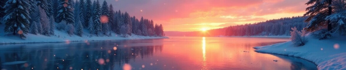 Obraz premium Frosty air and snowflakes dance in the fading light of sunset, frosty air, frozen lakes, sunsets