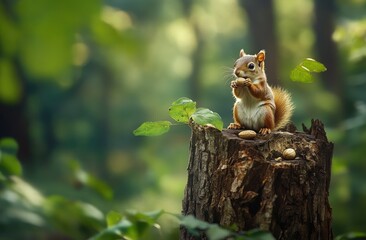 Red Squirrel Eating Nut on Stump in Forest (1)