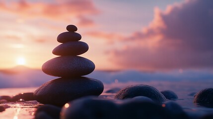 Stacked stones at dusk creating a sense of calm balance and peaceful atmosphere