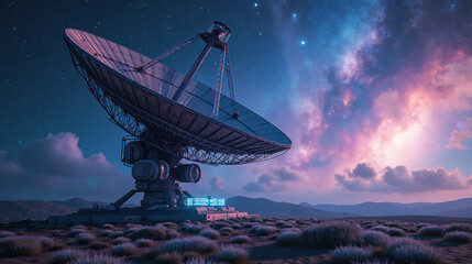 Obraz premium large satellite dish stands in serene landscape under starry sky, capturing signals from cosmos. scene evokes sense of wonder and exploration