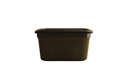 A black plastic food storage container with a secure lid, designed for meal prep, takeout, and food packaging. The rectangular shape ensures efficient storage and portability.
