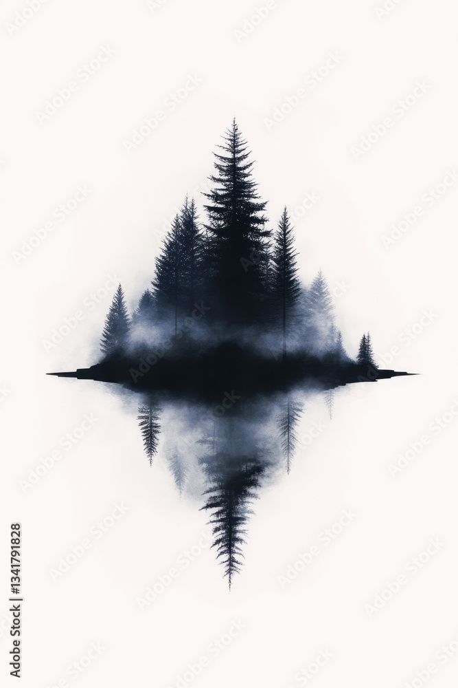 Fototapete surreal minimalist depiction of a fading forest, trees gradually dissolving into misty shapes,