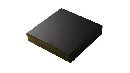 A sleek black pizza box captured from an angled perspective, highlighting its premium and modern design.
