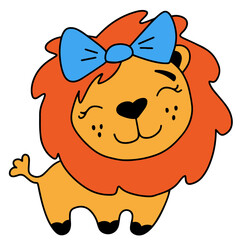 Cartoon lion cub with blue bow on white background