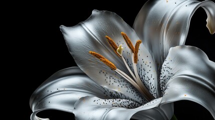 A close-up view of a metallic lily flower with soft silver petals and bright orange stamens, set against a black background. The details of the flower's texture and pollen are clearly visible