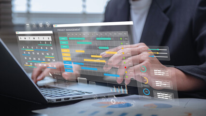 Project management and workflow scheduling interface. A business professional analyzing Gantt...
