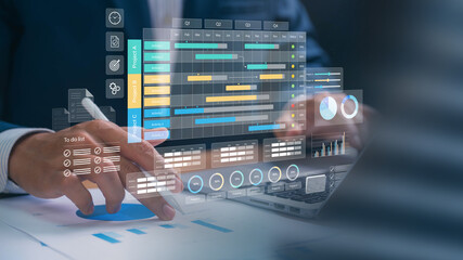 Project management and workflow tracking concept. task management system with a Gantt chart, to do list, and KPI dashboard, representing corporate efficiency, productivity, and timeline tracking.