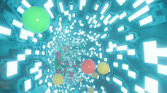 Bright Bouncing Colorful Balls are Funny Rolling Through the Long Digital Tunnel with Blue Neon Illumination in 4K 3D / Three-Dimensional Animation Stock Video 