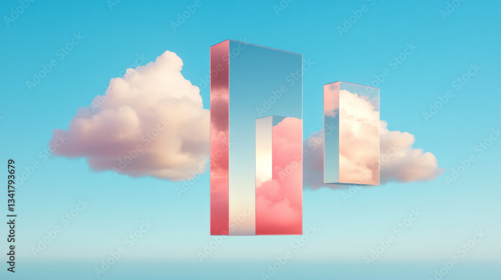 Poster surreal photographic composition of floating mirrors softly reflecting clouds, symbolizing