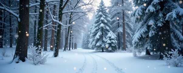 Obraz premium Snowflakes gently falling on a snowy forest scene, snowflakes, quiet forest