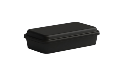 A black rectangular takeout box with a secure lid, designed for meal prep, takeout, and food storage.
