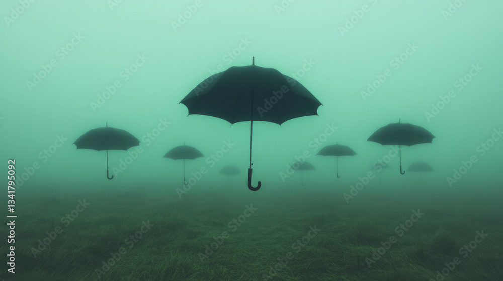 Poster minimalist surreal depiction of softly floating umbrellas gently drifting over barren fields,