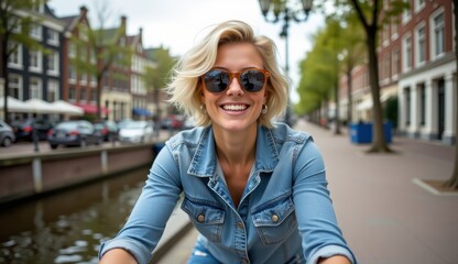 Fototapeta premium Smiling Woman in Glasses on Bicycle Near Canal in City Background