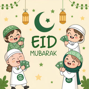 Eid Mubarak greeting card, children exchanging eidi  , eid mubarak post ,cute cartoon Muslim children, Islamic lanterns, crescent moon, stars, festive garlands, pastel colors, hand-drawn illustration