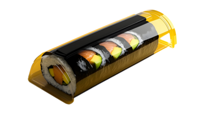 A sushi roll elegantly placed in a black and gold takeaway box, ideal for premium restaurant packaging.

