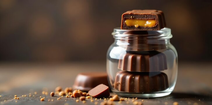 Stack of caramel-filled chocolates in a clear glass jar, rich, chocos, dessert