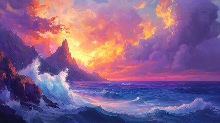 A wild and rugged coastline with windswept cliffs, crashing waves, and a lighthouse standing tall against the stormy sky