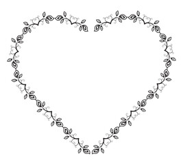Vector illustration of a heart shaped wreath with hearts, floral leaves and vines running behind isolated on a white background