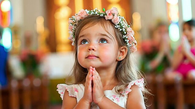 A young Caucasian girl with a floral wreath prays with devotion inside a beautifully decorated church. concept of faith, innocence, and childhood spirituality.