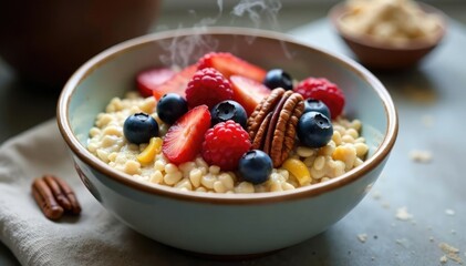 Steaming bowl of oatmeal with mixed berries and toasted pecans, wholesome, nutritious, oats