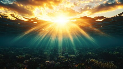 Fototapeta premium Underwater Coral Reef Bathed in Vibrant Sunset Light with Sunbeams Penetrating the Clear Water Illuminating Colorful Marine Life and Coral Structures