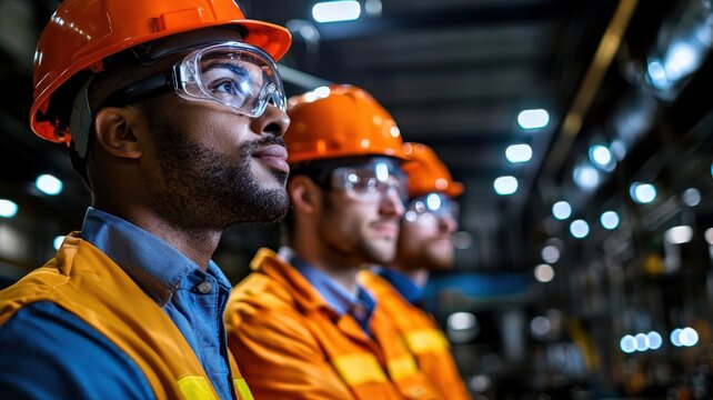 Factory workers demonstrating proper PPE usage during a safety briefing, corporate setting, well-lit environment