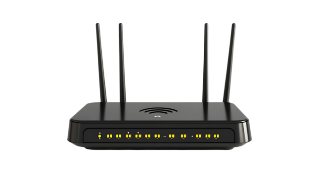 A sleek black wireless router with four external antennas