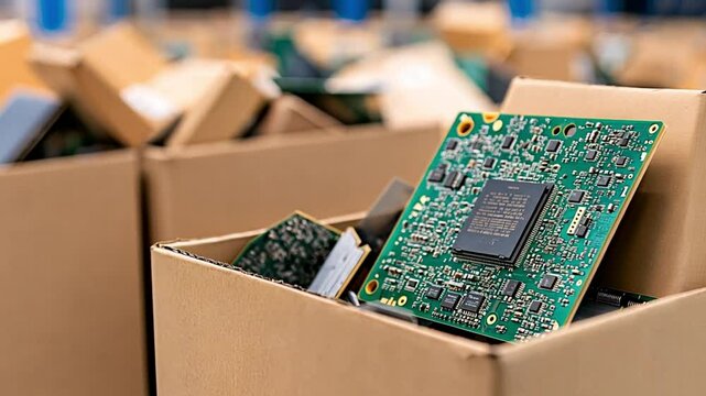 A collection of used circuit boards sits inside cardboard boxes in an industrial setting. concept of electronic waste, recycling, and sustainable technology.