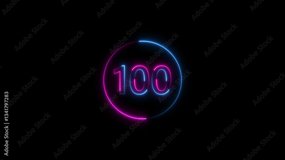 Poster abstract glowing neon text 100 number countdown animation with black background.