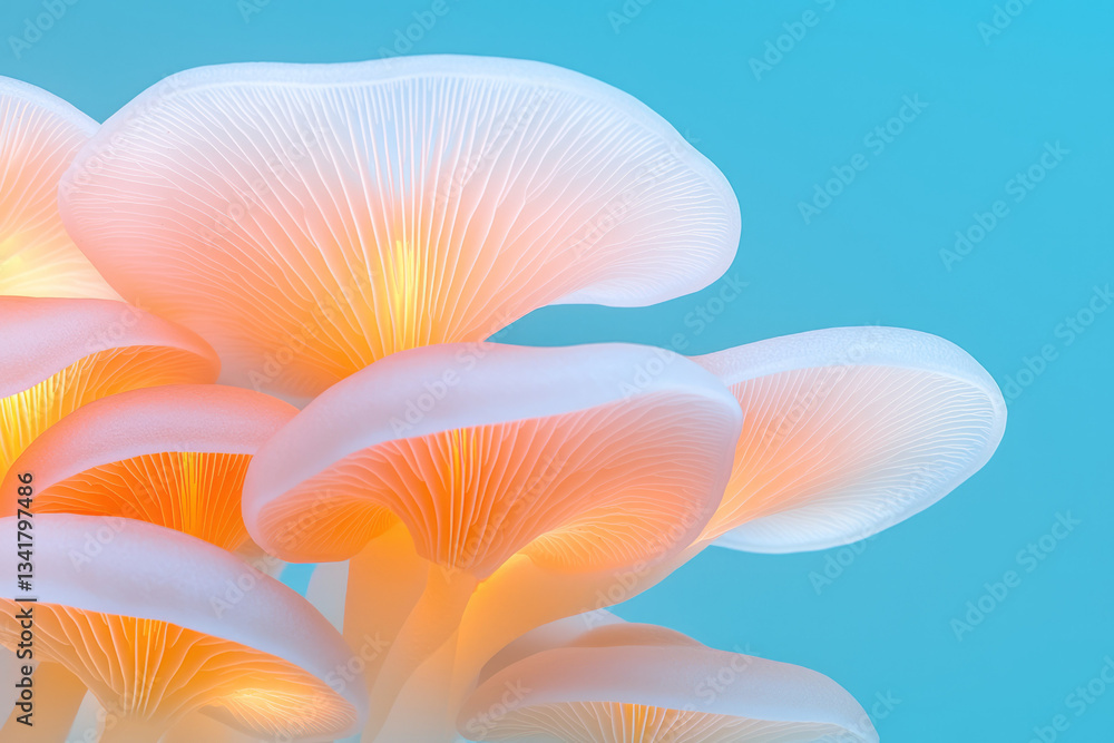Poster minimalist macro scene showcasing soft textures of mushroom surfaces gently merging into abstract