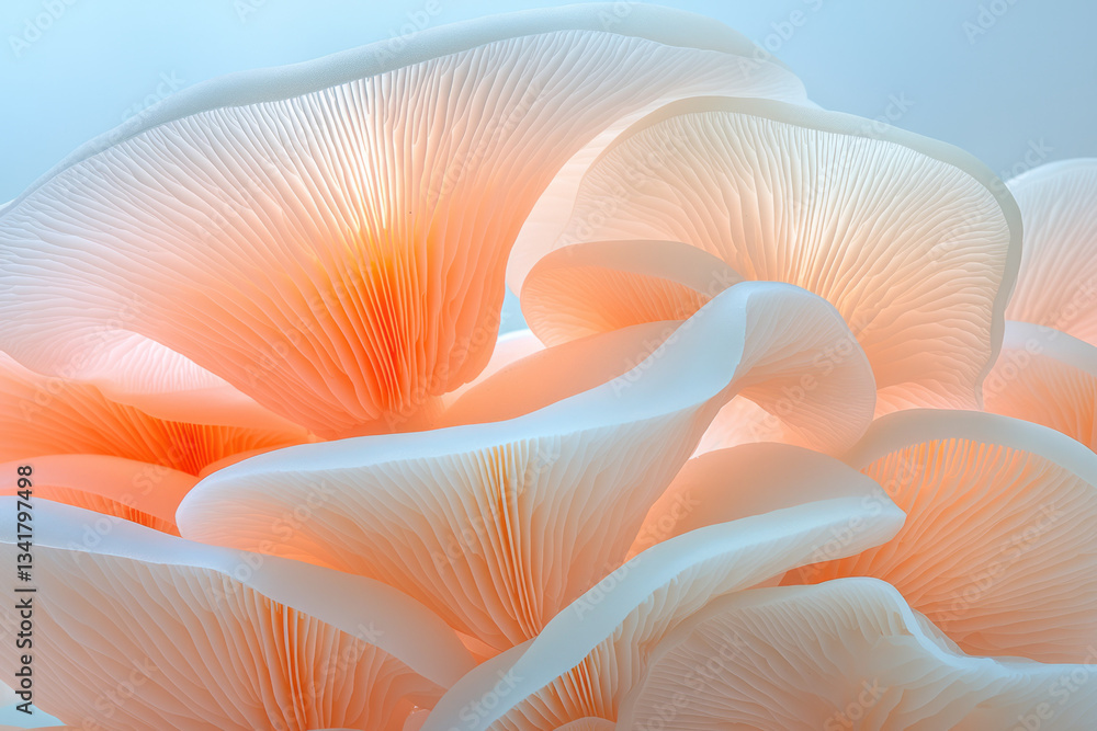 Poster minimalist macro scene showcasing soft textures of mushroom surfaces gently merging into abstract