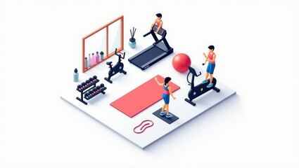 Isometric illustration of a home fitness room with workout equipment and a yoga mat