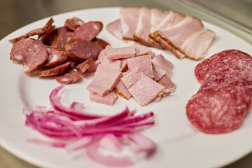 Sliced meats including salami, bacon, and sausage arranged on a plate, accompanied by thinly sliced red onions, ready for serving or cooking in a kitchen environment