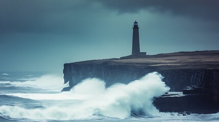 A wild and rugged coastline with windswept cliffs, crashing waves, and a lighthouse standing tall against the stormy sky 