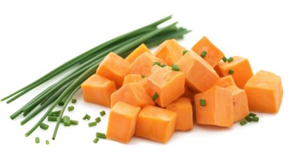 Home-made freshness roasted sweet potato cubes with finely chopped chives