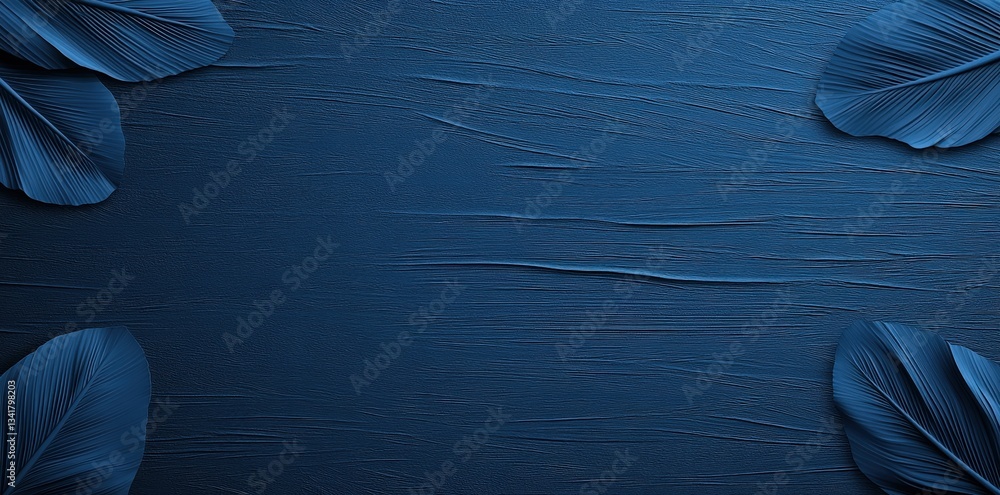 Poster a serene blue background with textured surface and green leaves framing the edges, creating a calmin