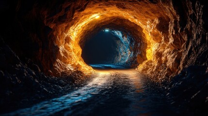Illuminated Cave Tunnel Path, Underground Rock Formation