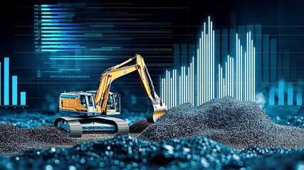 A heavy-duty excavator works on a pile of gravel with futuristic financial graphs in the background. Concept of construction industry growth and financial forecasting in engineering. - Powered by Adobe