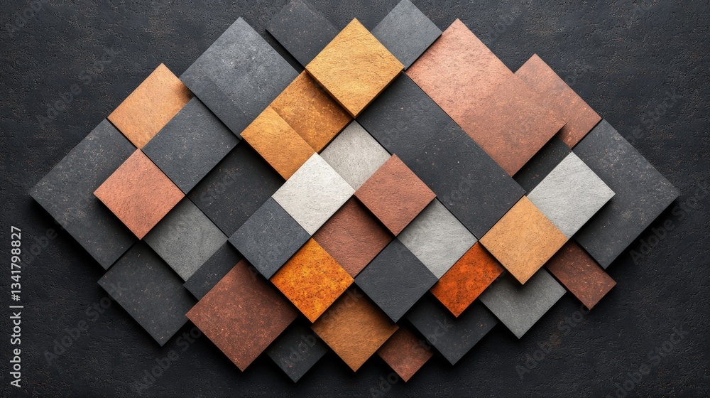 Poster abstract overlapping diamond-shaped tiles in shades of gray, brown, and copper creating a textured g