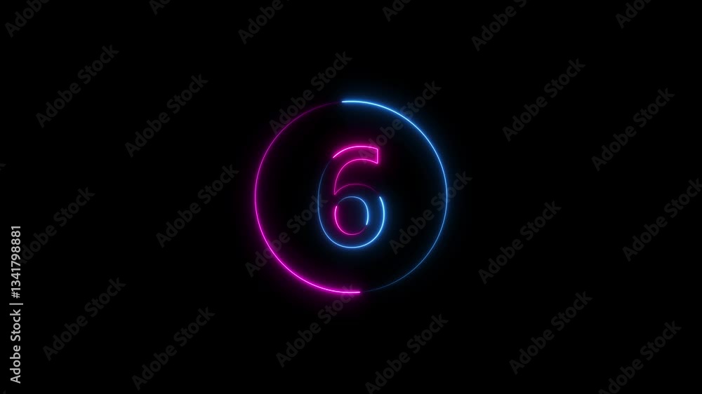 Poster animation of number 6 with red blue neon colors on the outline and isolated on black background. num