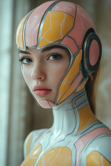 Young beautiful woman, Closeup portrait, with pastel pink and yellow marble helmet, robotic, brunette girl, baroque, upper body, cinematic, castle background, beautiful eyes