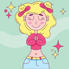 Shy girl with blond hair with closed eyes praying and rejoicing. Vector image