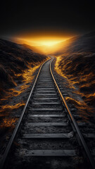 Obraz premium Dramatic railway track leading into a glowing horizon. A surreal, cinematic landscape with golden light and deep shadows. Perfect for modern phone wallpapers and digital art.