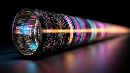 Futuristic data pipeline with glowing digital code. Abstract high-tech concept of information flow, cyber security, big data, and artificial intelligence.