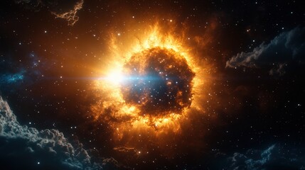 Obraz premium A Blazing Cosmic Explosion Illuminating the Dark Space with Fiery Orange and Yellow Sphere Surrounded by Intense Energy and Sparkling Stars in Nebula