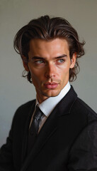 Fototapeta premium High fashion studio portrait of a confident European man with curly hair in a business suit, shot in soft natural light against a neutral background, showcasing diversity, minimalism, and rugged beaut