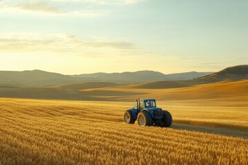 Obraz premium Blue tractor working in a vast golden wheat field during sunset, with rolling hills in the background creating a serene rural landscape